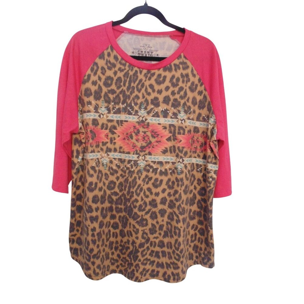 Crazy Train Womens Western Aztec Leopard 3/4 Sleeve Baseball top XL Shirt